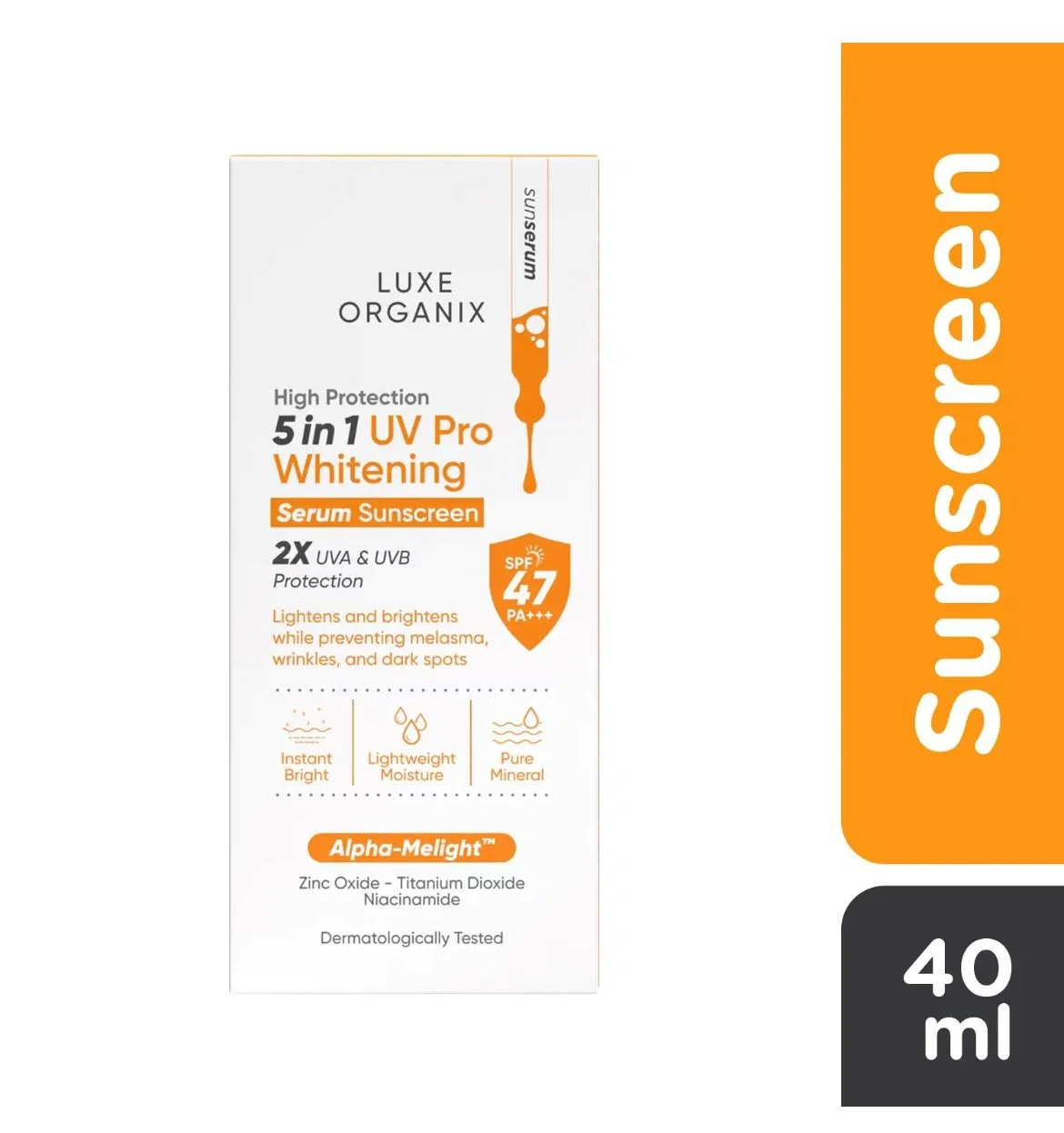 luxe-organix-uv-pro-whitening-serum-sunscreen-alpha-melight_2048x Luxe Organix 5in1 UV Pro Whitening Serum Sunscreen SPF 47 PA+++ 40ml - Image 1